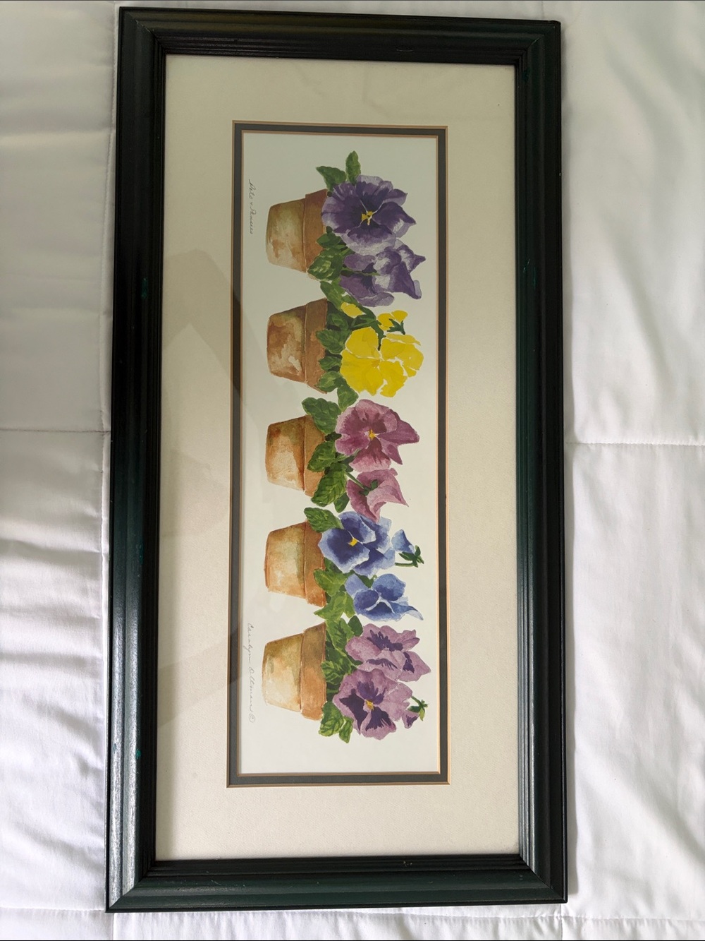 Framed and Signed Floral Watercolor Print - Pansies & Pots, By Carolyn Oltman